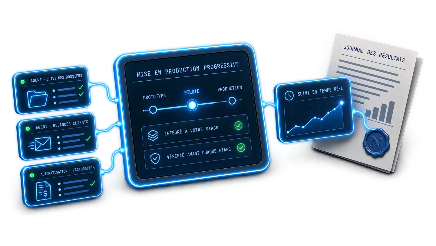 Solutions IA sur mesure : trois agents en production, mise en production progressive du prototype à la production, suivi en temps réel.