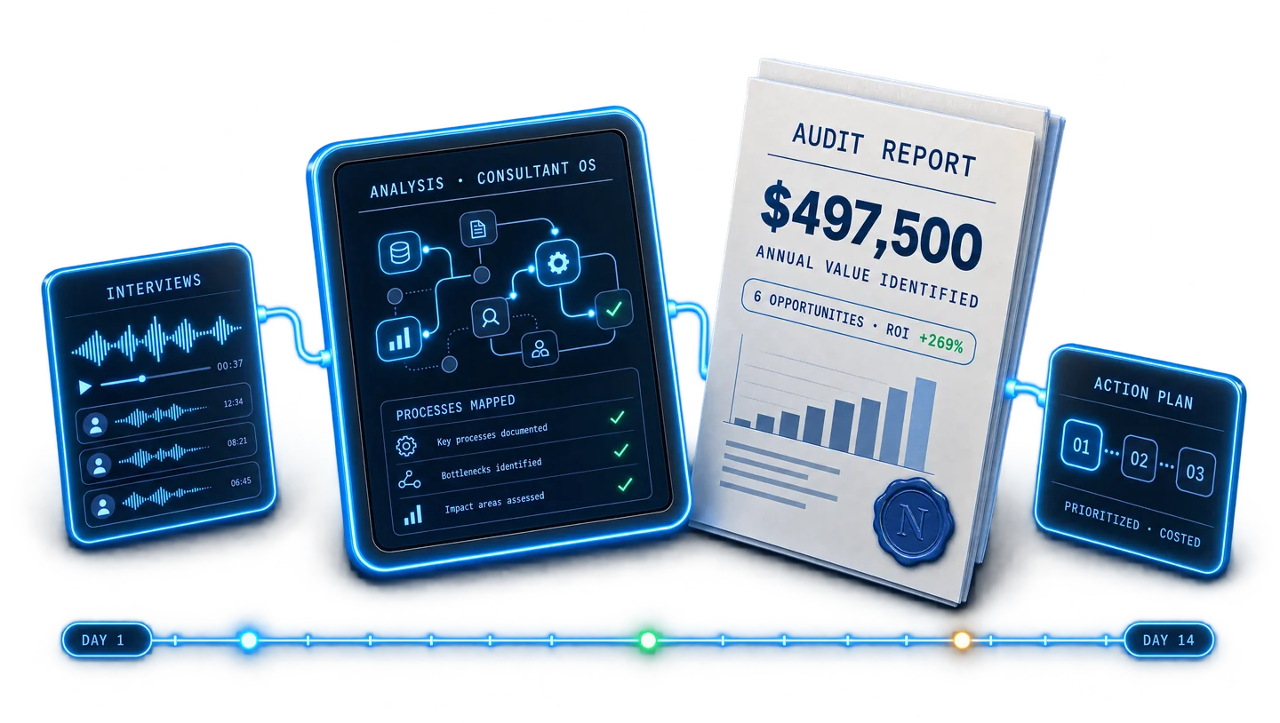 The 14-day AI audit process: interviews, Consultant OS analysis, costed audit report and prioritized action plan.