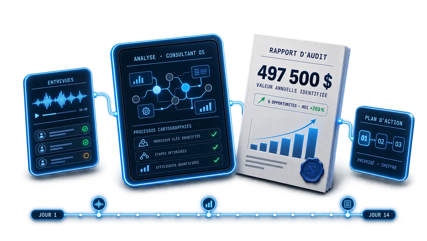 Le processus d'audit IA en 14 jours : entrevues, analyse Consultant OS, rapport d'audit chiffré et plan d'action priorisé.