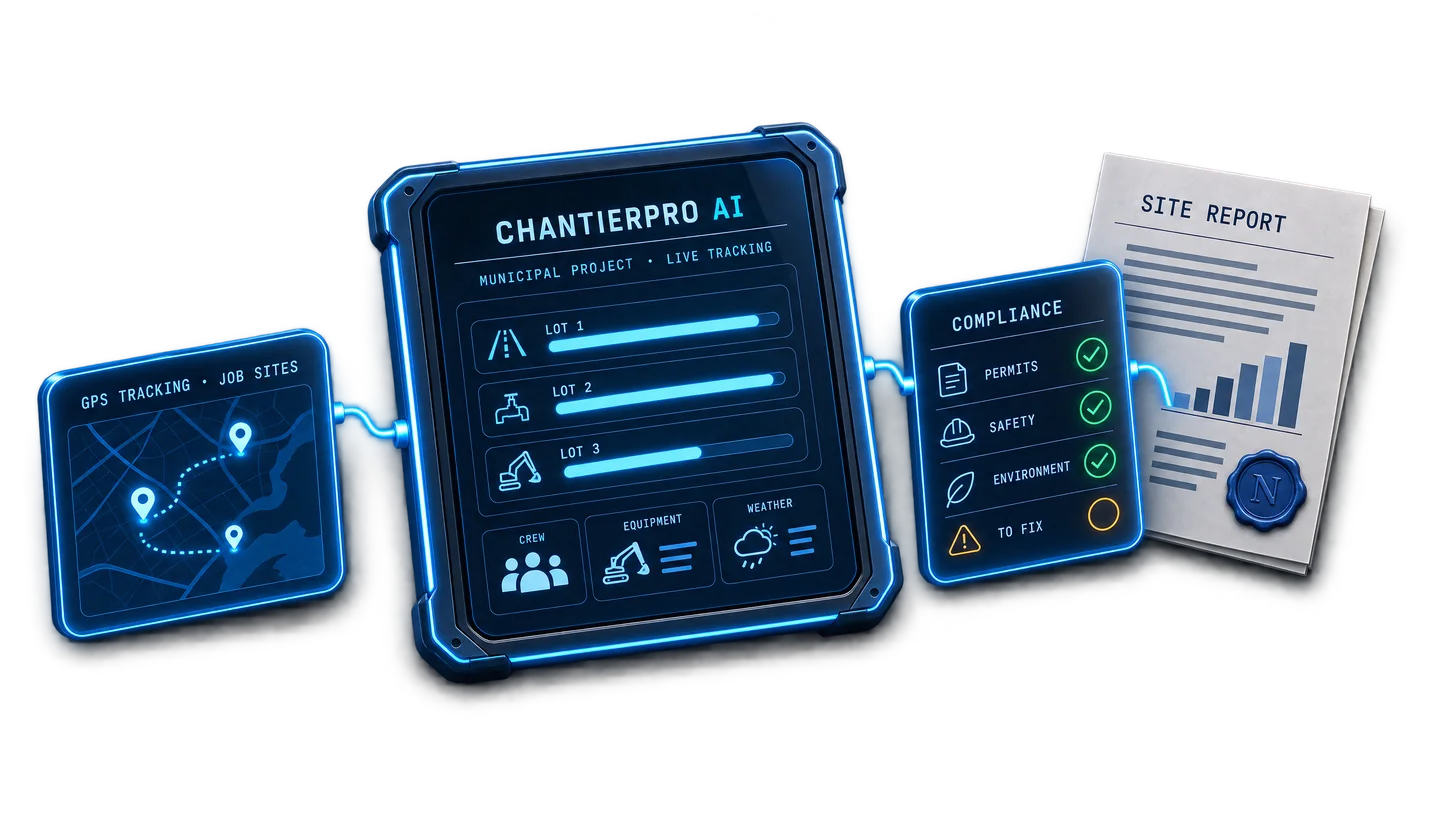 ChantierPro AI: GPS tracking of job sites, municipal project tracked live, compliance and site report.