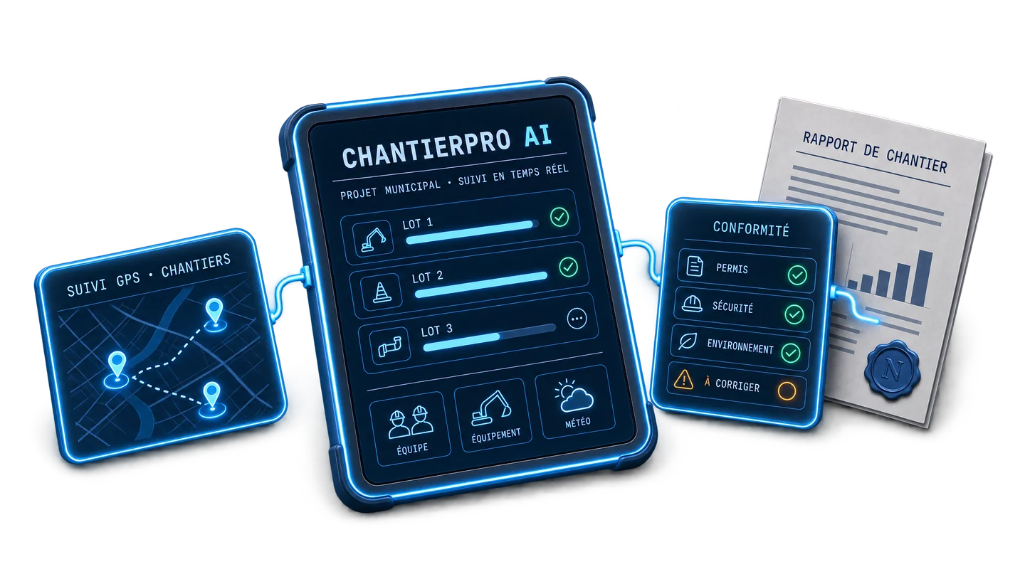 ChantierPro AI : suivi GPS des chantiers, projet municipal suivi en temps réel, conformité et rapport de chantier.