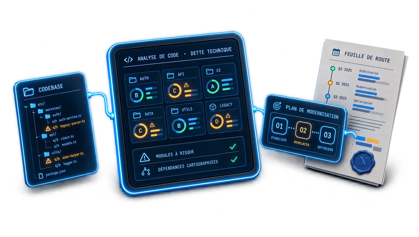 Analyse de code et modernisation : la codebase, la carte de la dette technique, le plan de modernisation et la feuille de route.