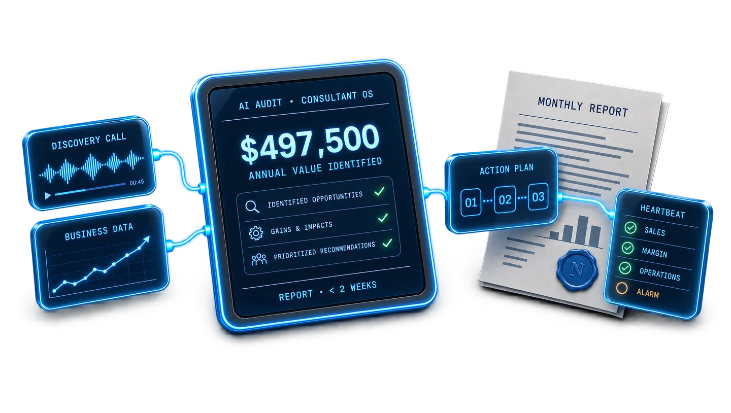 The Nexum journey: discovery call and business data, Consultant OS AI audit with $497,500 in annual value identified, action plan, monthly report and heartbeat.